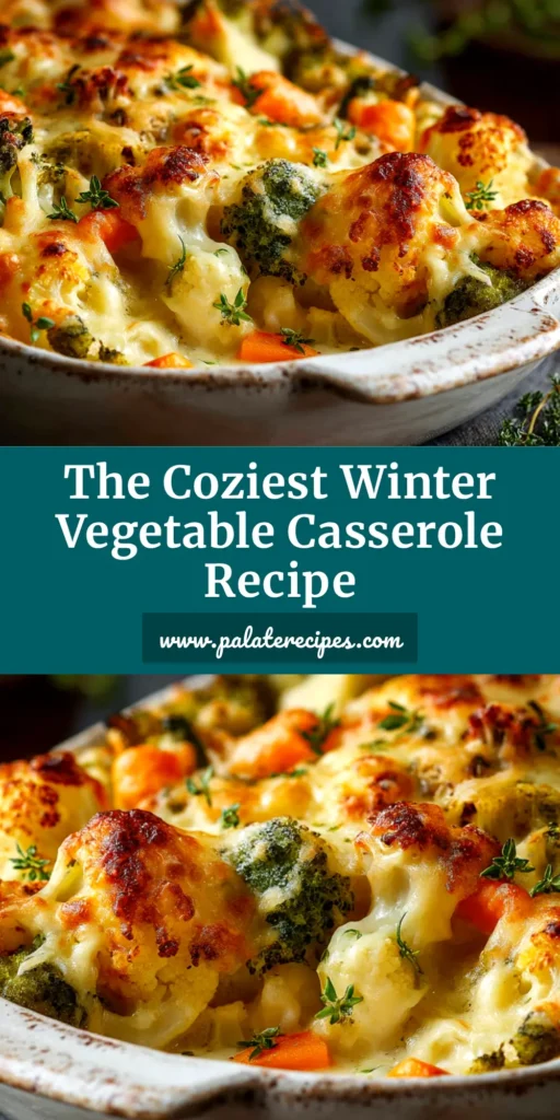 A delicious winter vegetable casserole in a white baking dish, showing a golden-brown cheesy topping and a variety of colorful vegetables.