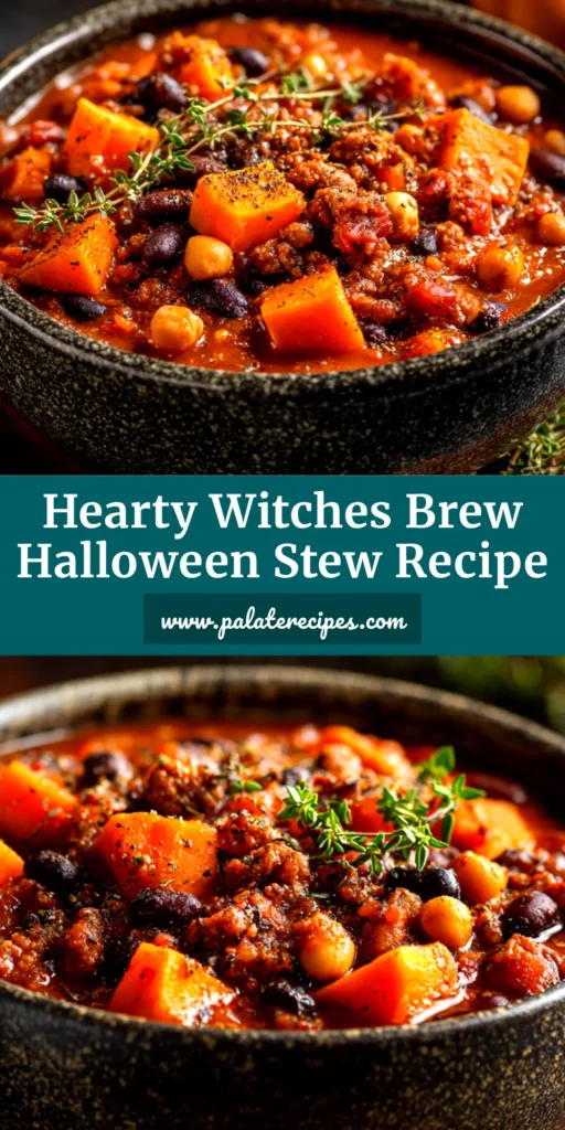 A cauldron of hearty Witches Brew Stew, a perfect Halloween dinner recipe, with steam rising from the rich, beef-filled broth.