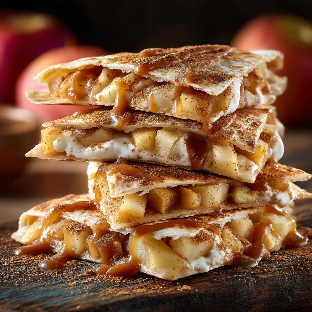 Apple Cinnamon Breakfast Quesadillas: A 15-Minute Treat 3 A close-up shot of a warm apple cinnamon breakfast quesadilla, with melted cream cheese and tender spiced apples visible inside the crispy tortilla.