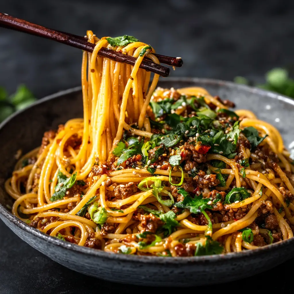 A serving of Asian ground beef spaghetti in a white bowl, ready to be eaten. The perfect ground beef noodle stir fry for dinner.
