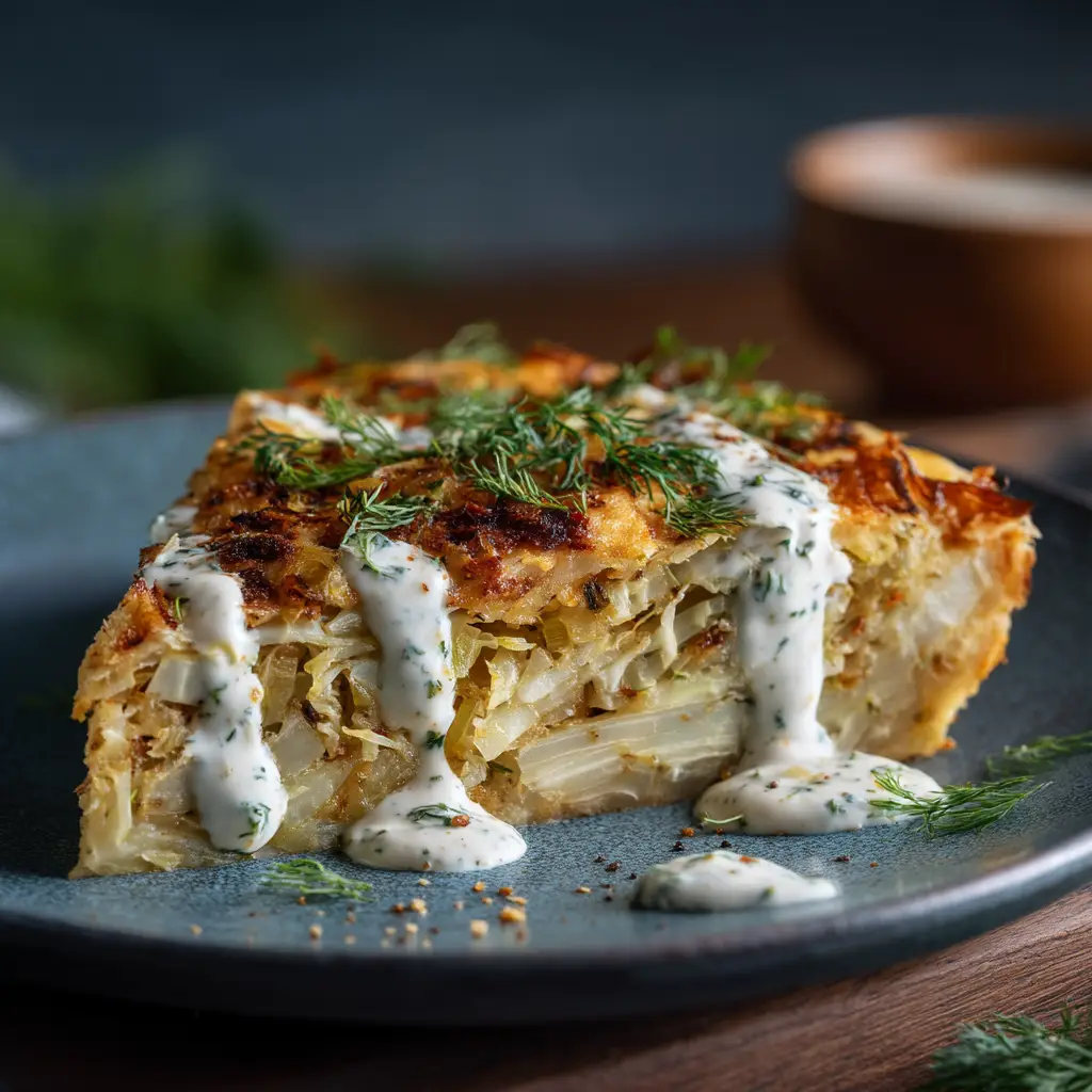 Crispy Cabbage Pie That's Actually Crispy 2 The whole baked cabbage pie fresh from the oven, glowing with a beautiful golden-brown top crust and presented in a classic pie dish.