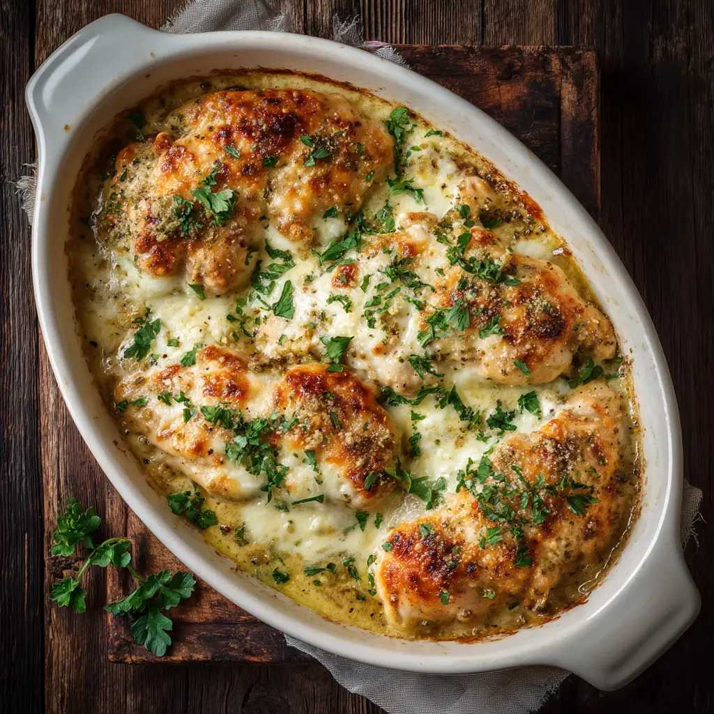 Caesar Chicken Bake: The Easiest, Creamiest Recipe 2 A serving of baked Caesar chicken on a plate, garnished with fresh parsley to showcase the final dish.