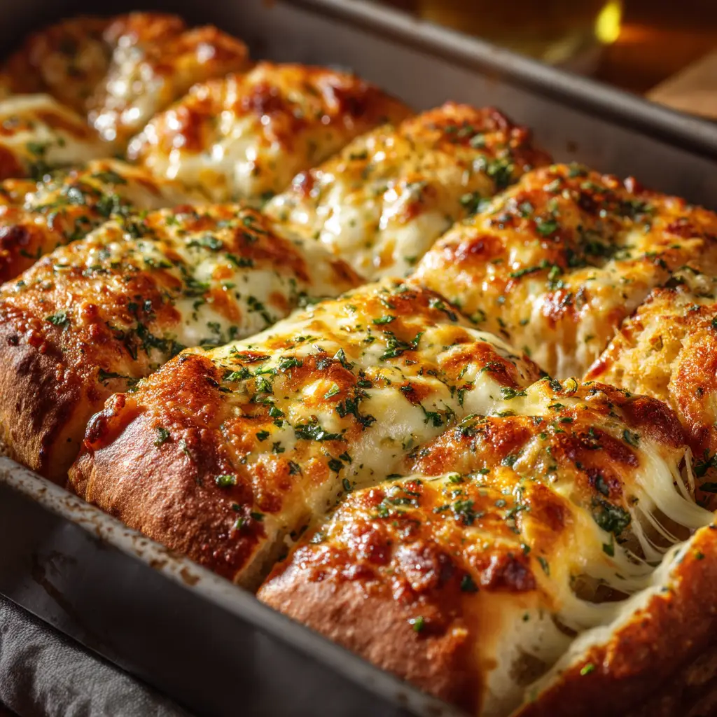 A tray of freshly baked cheesy breadsticks, sliced and ready to be served. A delicious and easy side dish for any meal.