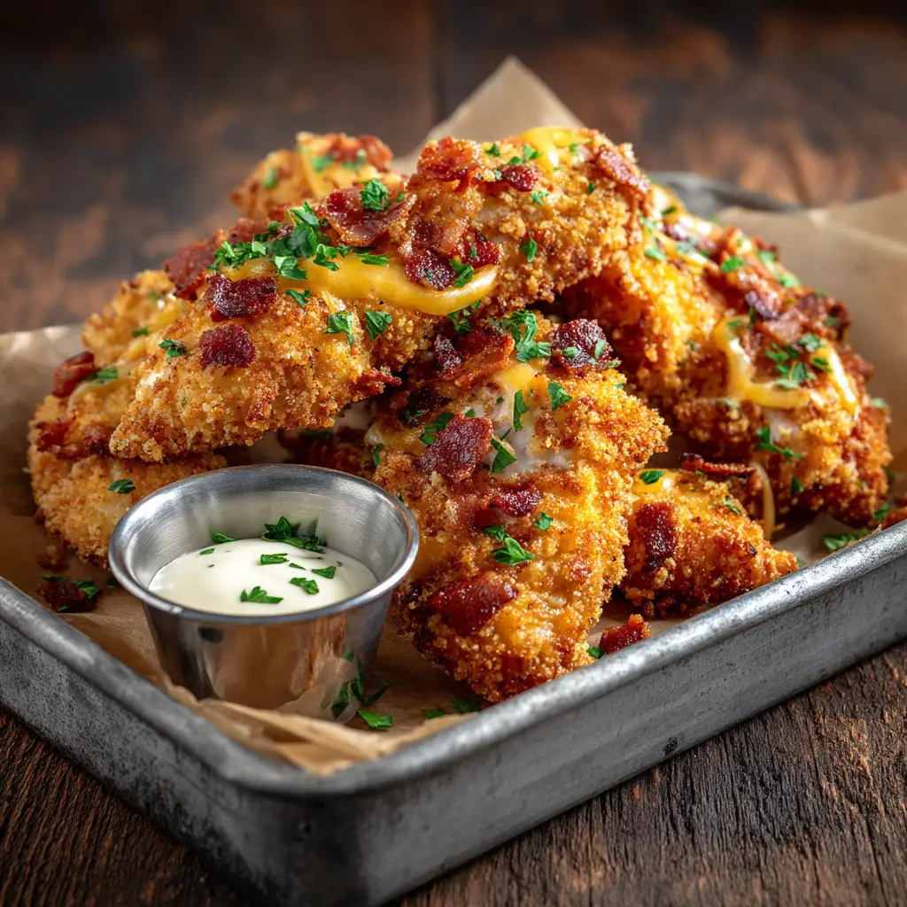 A tray of freshly baked crack chicken tenders coming out of the oven. The cheese is melted and bubbly, and the panko topping is perfectly golden brown.