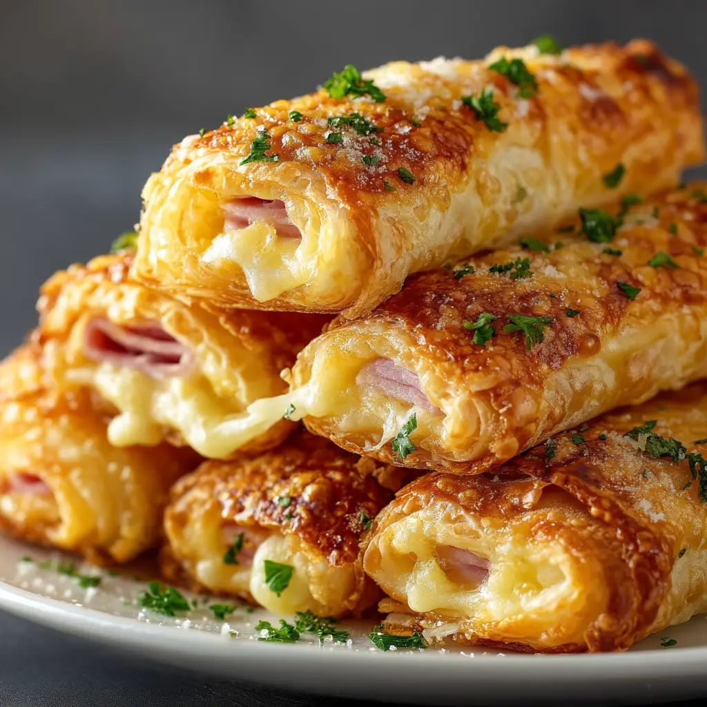 Ham and Cheese Sticks: The Ultimate Easy Appetizer 3 A batch of freshly baked ham and cheese roll-ups on a baking sheet, showcasing their gooey, melted cheese filling.