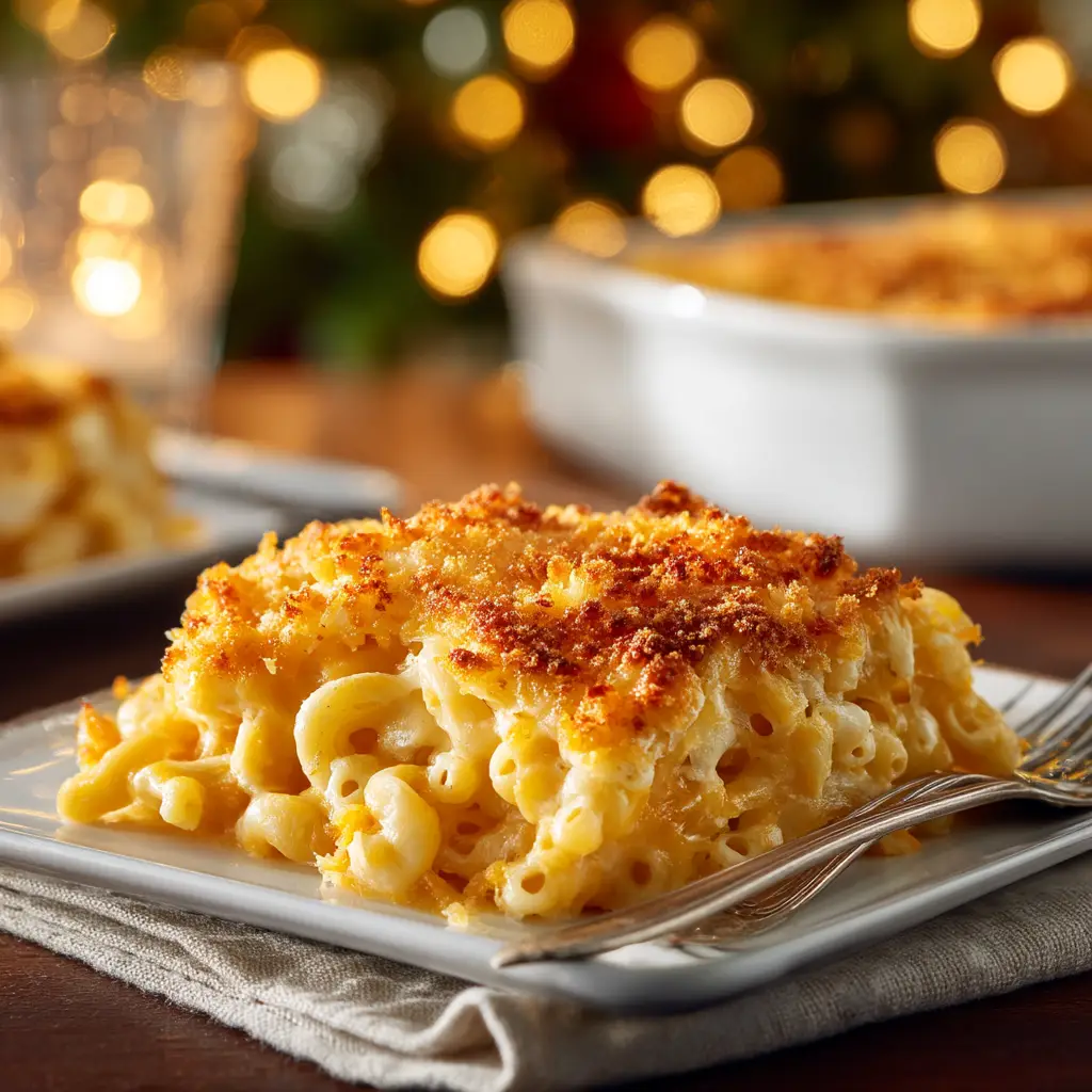 Baked Mac and Cheese Recipe: The Ultimate Creamy, Cheesy Guide 2 A serving of the finished baked mac and cheese on a white plate, showcasing the crispy topping and creamy noodles.