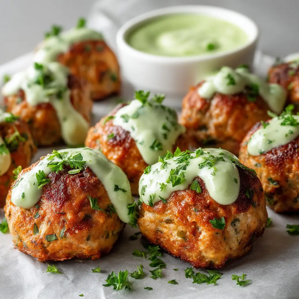 An extreme close-up shot of several golden-brown baked salmon meatballs in a white dish, garnished with fresh dill.