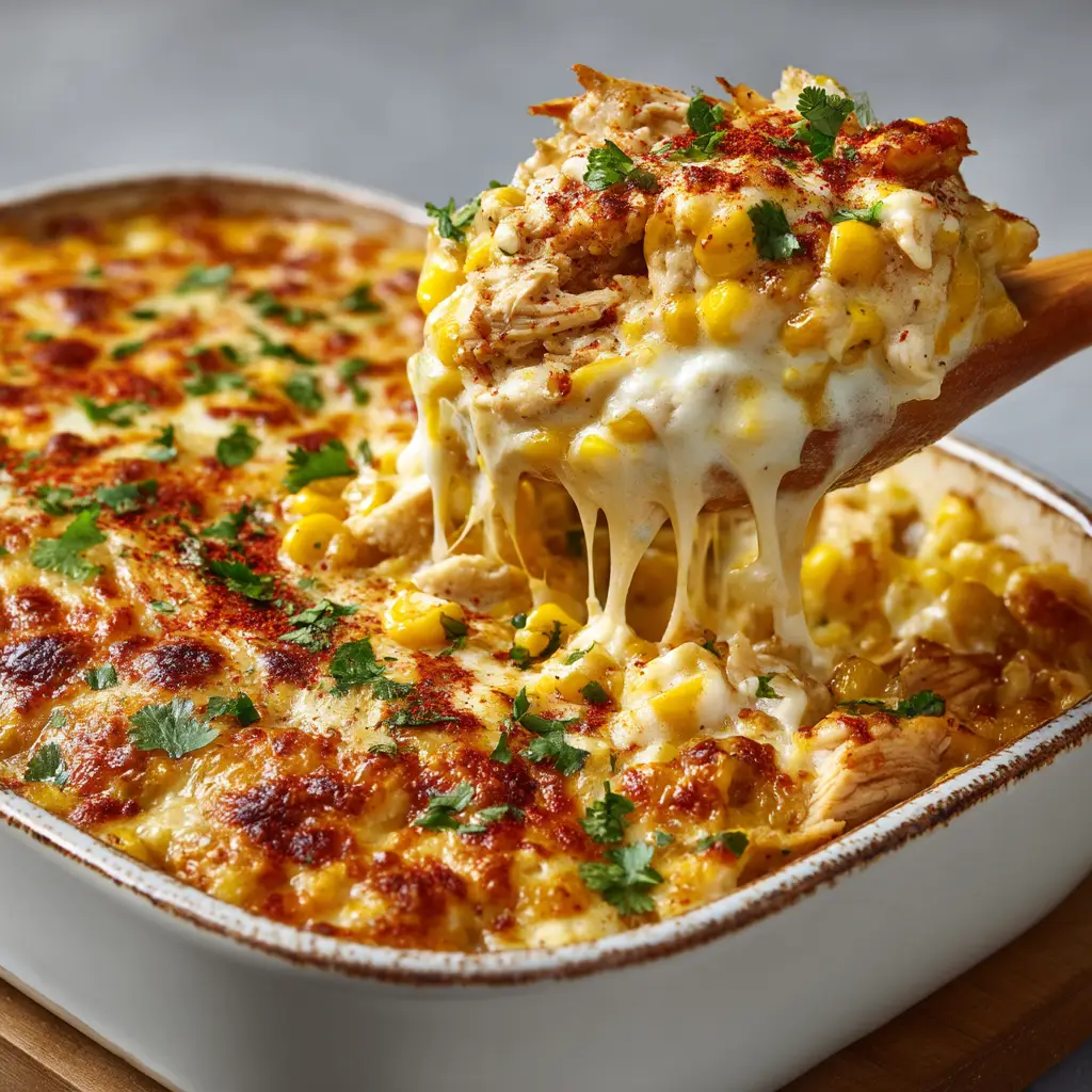 The finished Street Corn Chicken Casserole, freshly baked in a casserole dish and garnished with fresh cilantro.
