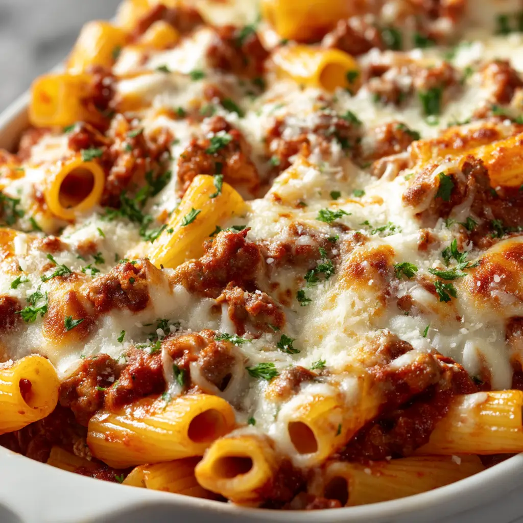 The full 9x13 pan of Million Dollar Baked Ziti fresh out of the oven, with a golden mozzarella cheese crust that is bubbling.