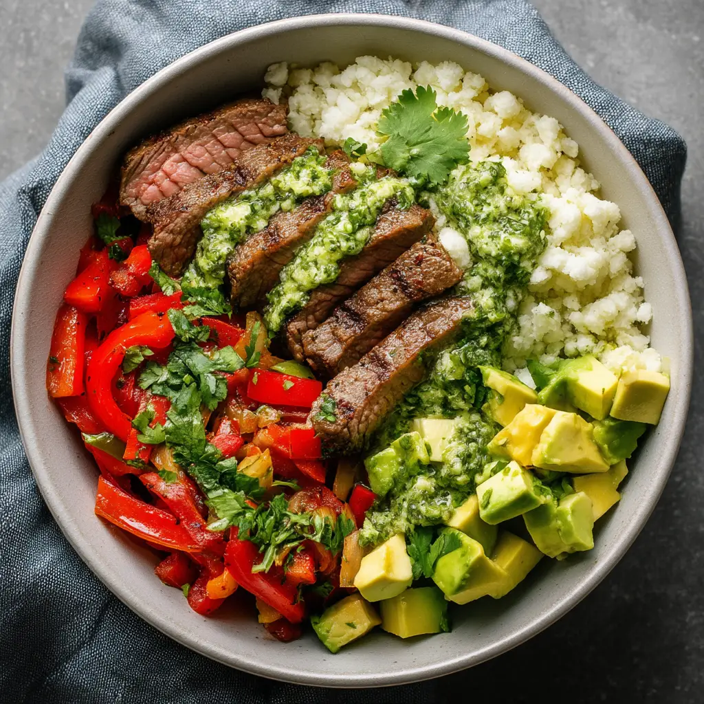 A close-up of the tender sliced flank steak and charred fajita peppers in the beef fajita bowl, showing the delicious texture and seasoning.