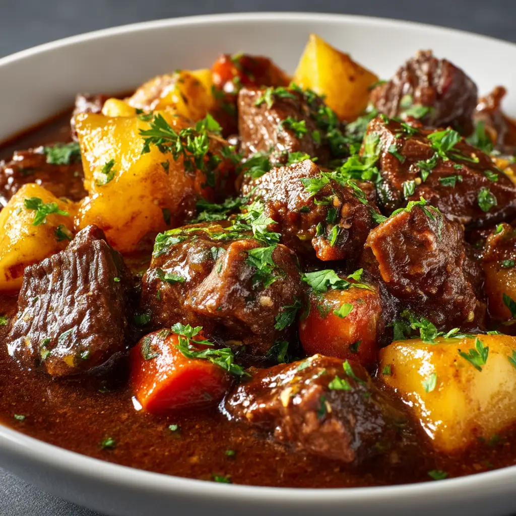A spoonful of delicious crockpot beef stew being lifted from a bowl, highlighting the thick gravy and ingredients.
