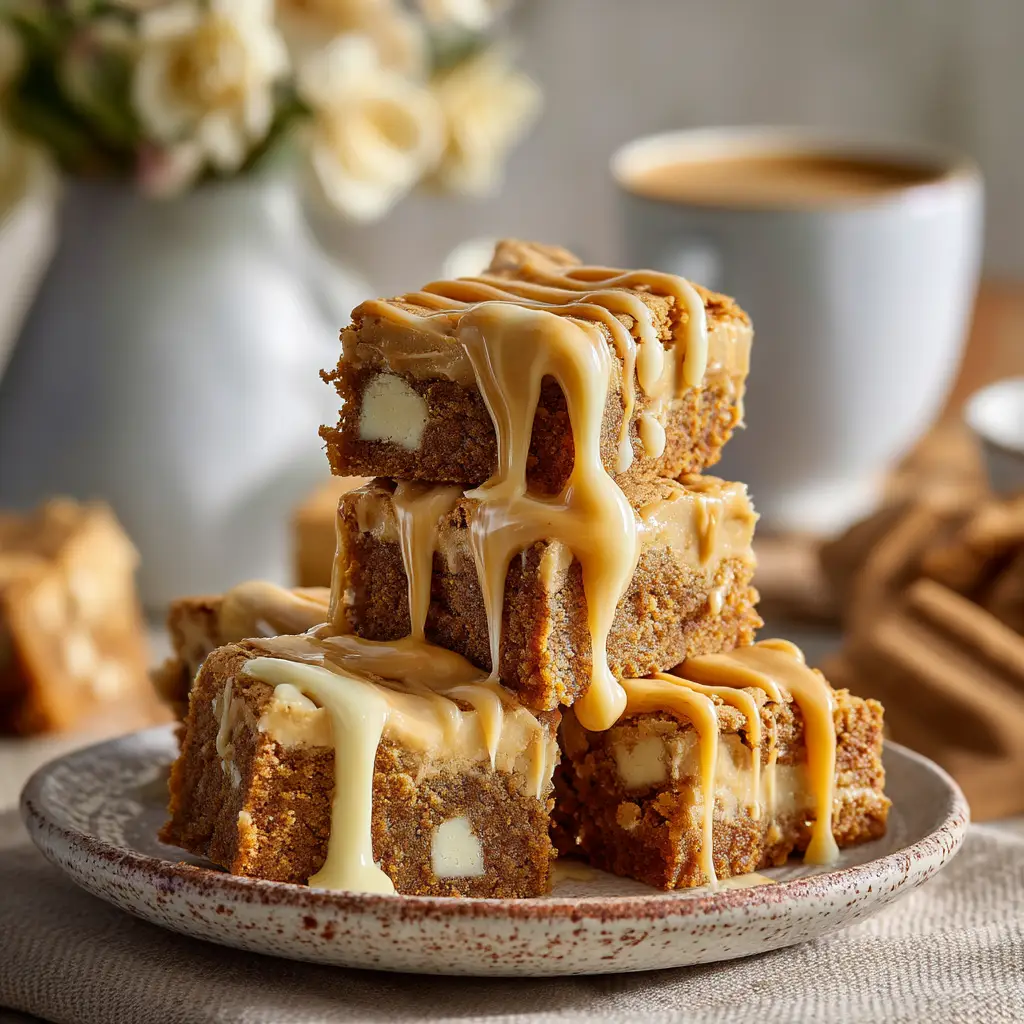 Biscoff Blondies: The Ultimate Chewy Cookie Butter Recipe 2 A close-up of a Biscoff blondie square with white chocolate chips and a crinkly top.