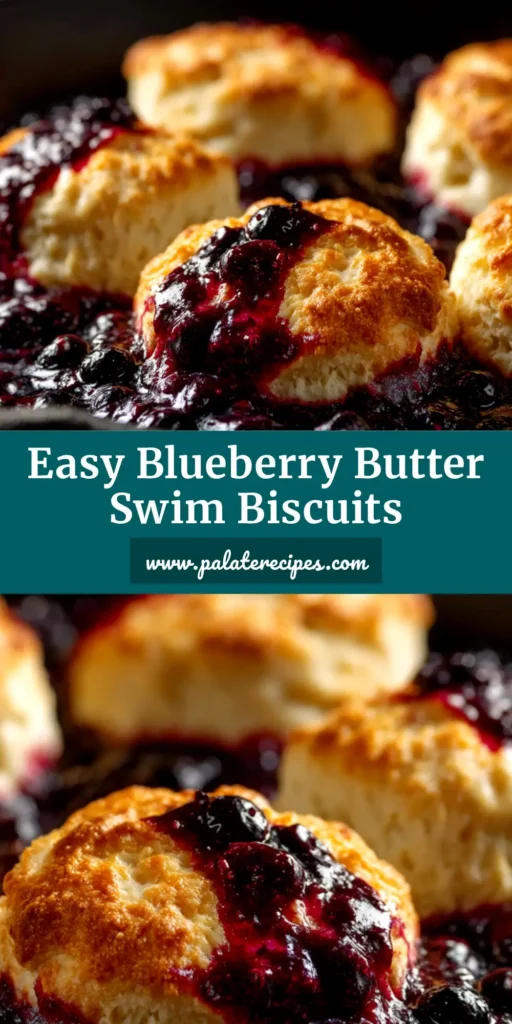 A pan of golden brown Blueberry Butter Swim Biscuits fresh from the oven, with one biscuit cut out to show the fluffy interior.