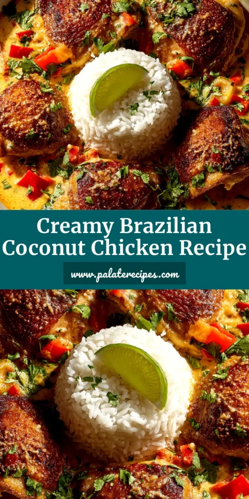 Brazilian Coconut Chicken (Moqueca de Frango) 5 A stunning overhead shot of Brazilian Coconut Chicken (Moqueca de Frango) in a white bowl, garnished with fresh cilantro and a lime wedge, ready to be served.