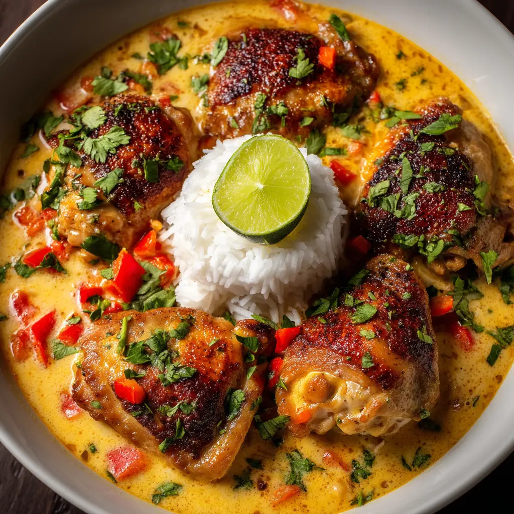 Brazilian Coconut Chicken (Moqueca de Frango) 2 A serving of Brazilian chicken stew in a bowl over a bed of white rice, garnished with fresh cilantro.