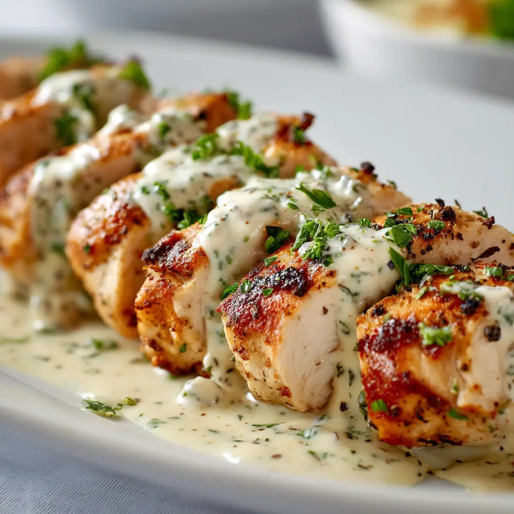 Caesar Chicken: The Ultimate Weeknight Dinner Solution 2 A beautiful plating of sliced Caesar Chicken, garnished with fresh herbs, demonstrating a delicious serving suggestion for a healthy dinner.