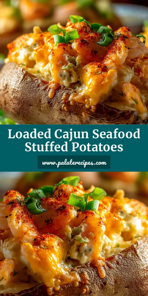A perfectly baked Cajun Seafood Stuffed Potato loaded with a creamy shrimp and crab filling, topped with melted cheese and fresh green onions.