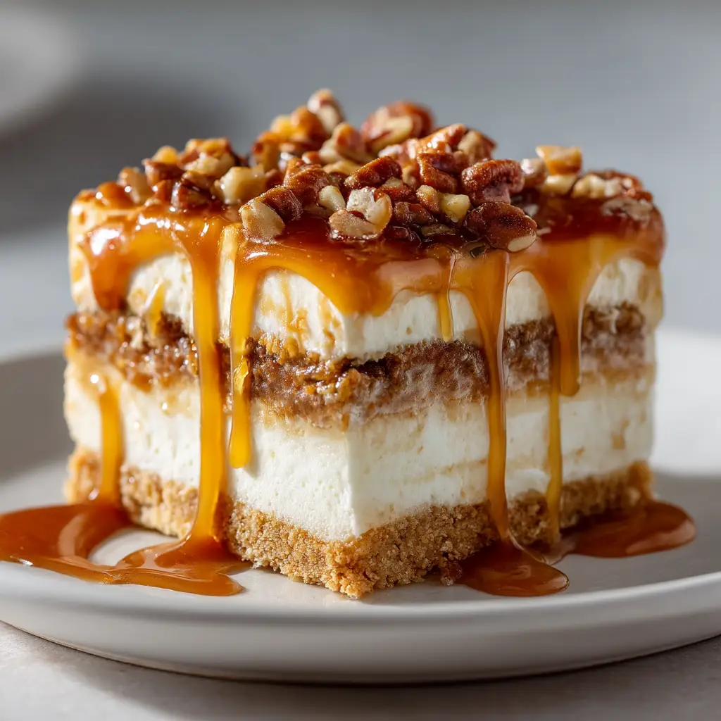 The full 9x13 pan of caramel pecan icebox cake, topped with whipped cream, caramel sauce, and toasted pecans.