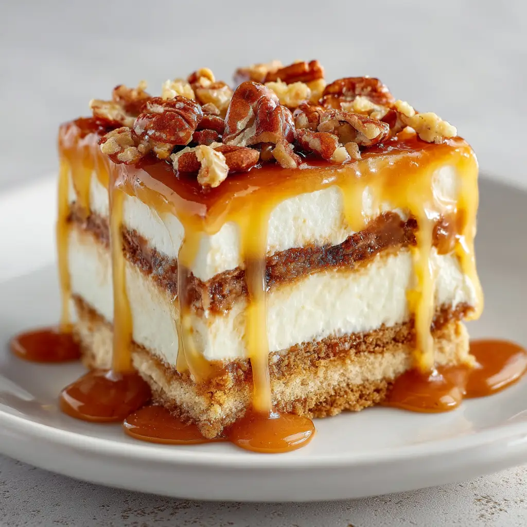 A square slice of layered caramel dessert on a dessert plate, ready to be eaten. The layers of the no-bake dessert are clearly visible.