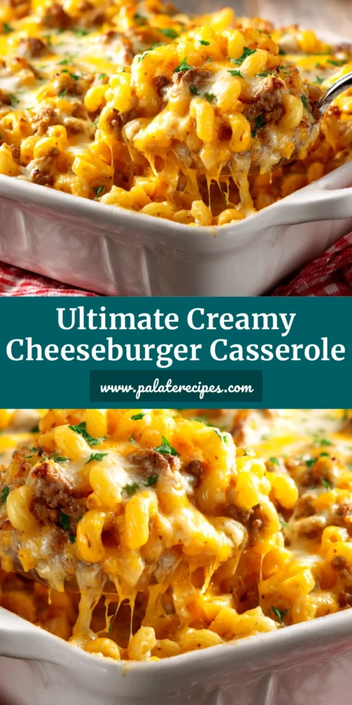 A scoop of easy, cheesy Cheeseburger Casserole on a white plate, showcasing the seasoned ground beef and melted cheddar topping. The ultimate family-friendly dinner.