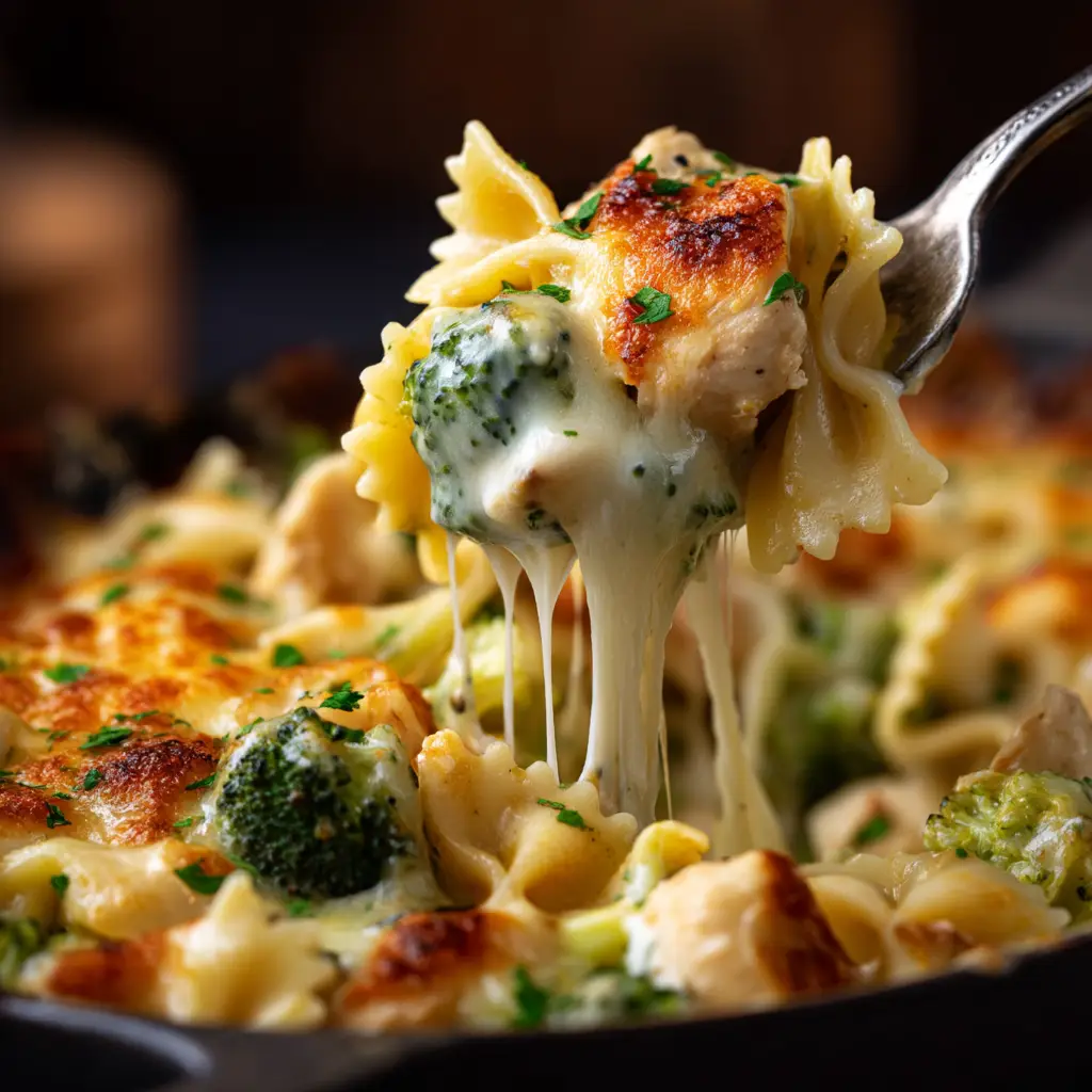 The cheesy chicken and broccoli casserole baking in a dish, with a bubbly, golden-brown mozzarella topping.