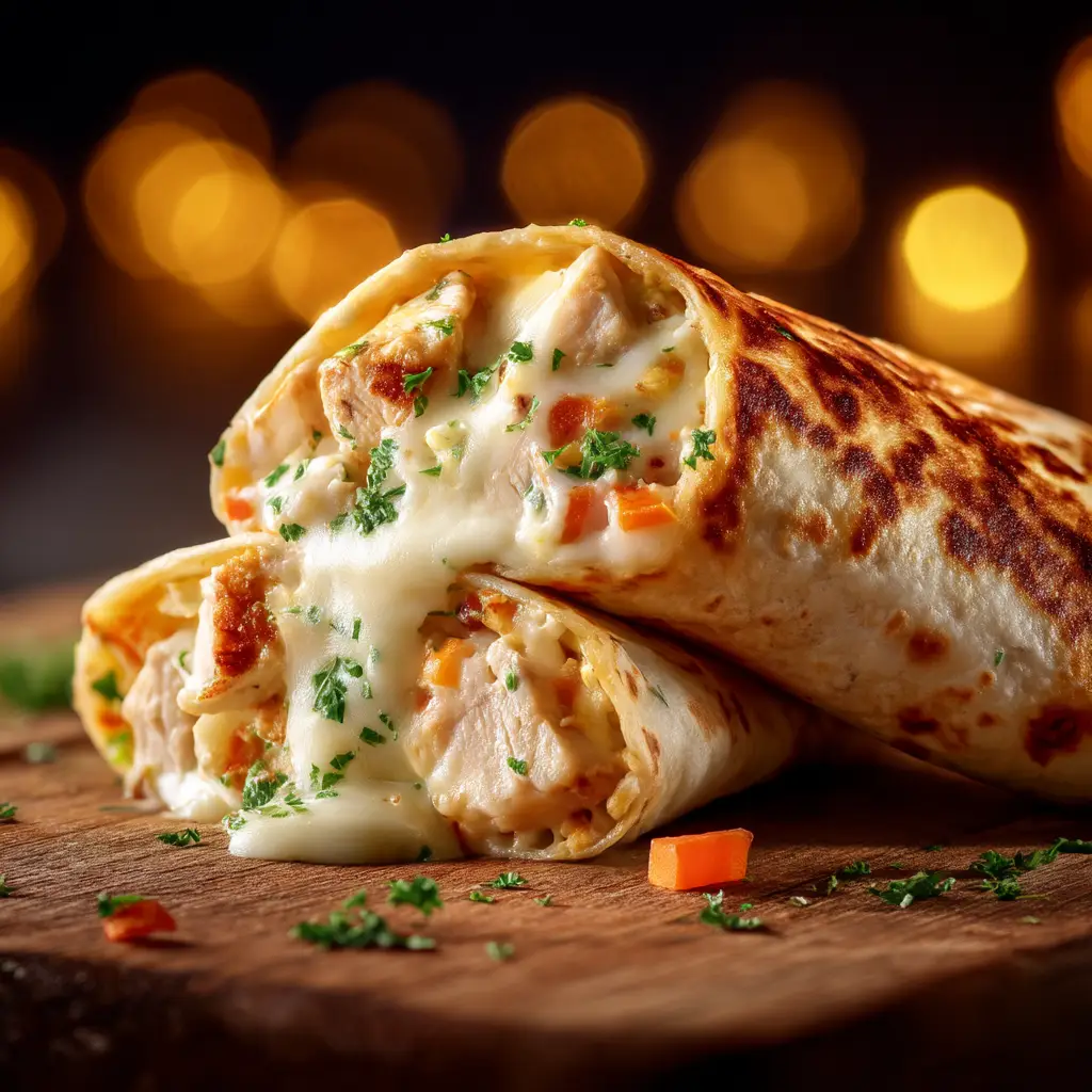 A process shot showing the ingredients for the cheesy garlic chicken wraps, including diced chicken, shredded cheese, and tortillas, ready for assembly.
