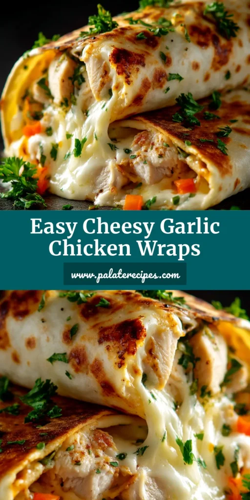 An overhead shot of four Cheesy Garlic Chicken Wraps arranged on a platter, garnished with fresh parsley. The wraps are golden-brown and filled with chicken and melted cheese.
