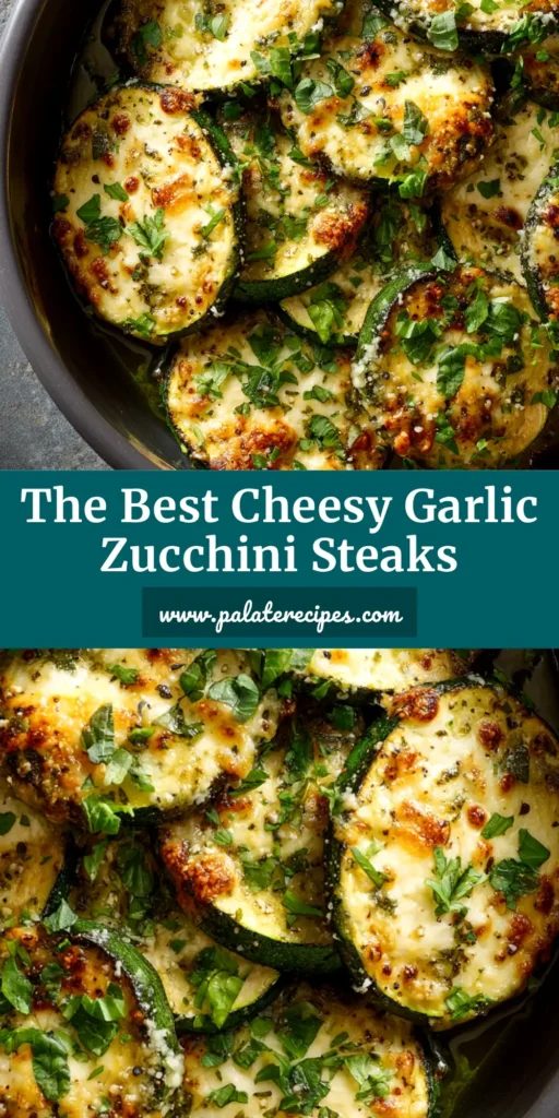 A close-up overhead shot of perfectly baked cheesy garlic zucchini rounds on a white plate, garnished with fresh parsley.