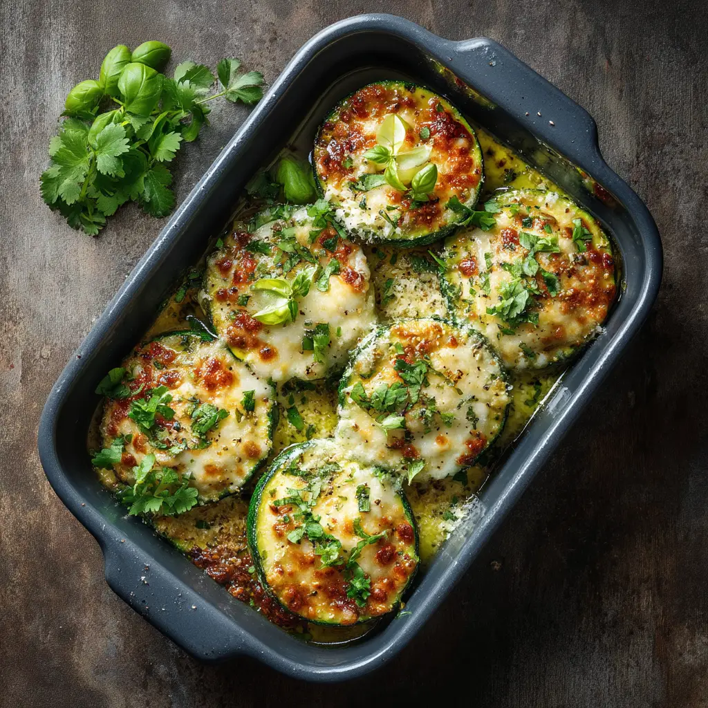 A close-up of the cheesy garlic zucchini side dish, highlighting the melted cheese and tender texture of the baked vegetable.