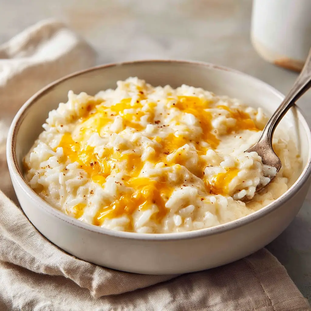 A serving of the finished cheesy rice bake on a plate, showcasing its golden-brown top and gooey, cheesy texture inside.