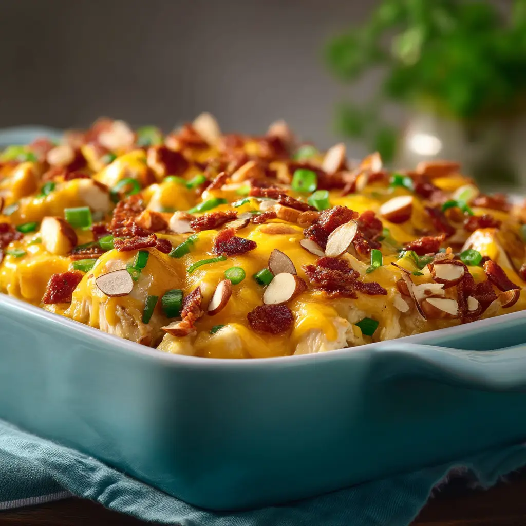 Neiman Marcus Chicken Casserole: The Ultimate Copycat Recipe 2 A close-up view of the golden-brown breadcrumb and slivered almond topping on the Neiman Marcus Chicken Casserole before serving.