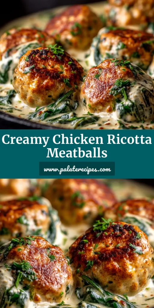 A close-up overhead shot of juicy chicken ricotta meatballs simmering in a rich marinara sauce in a skillet, garnished with fresh basil.