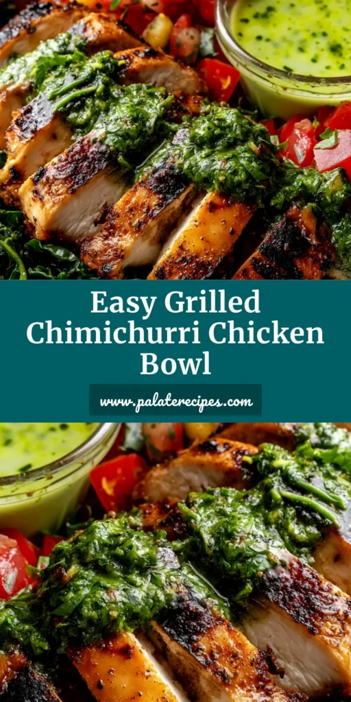 An overhead shot of a vibrant Chimichurri Grilled Chicken Bowl, showcasing juicy sliced grilled chicken, fresh corn, tomatoes, and black beans on a bed of rice, generously drizzled with green chimichurri sauce.