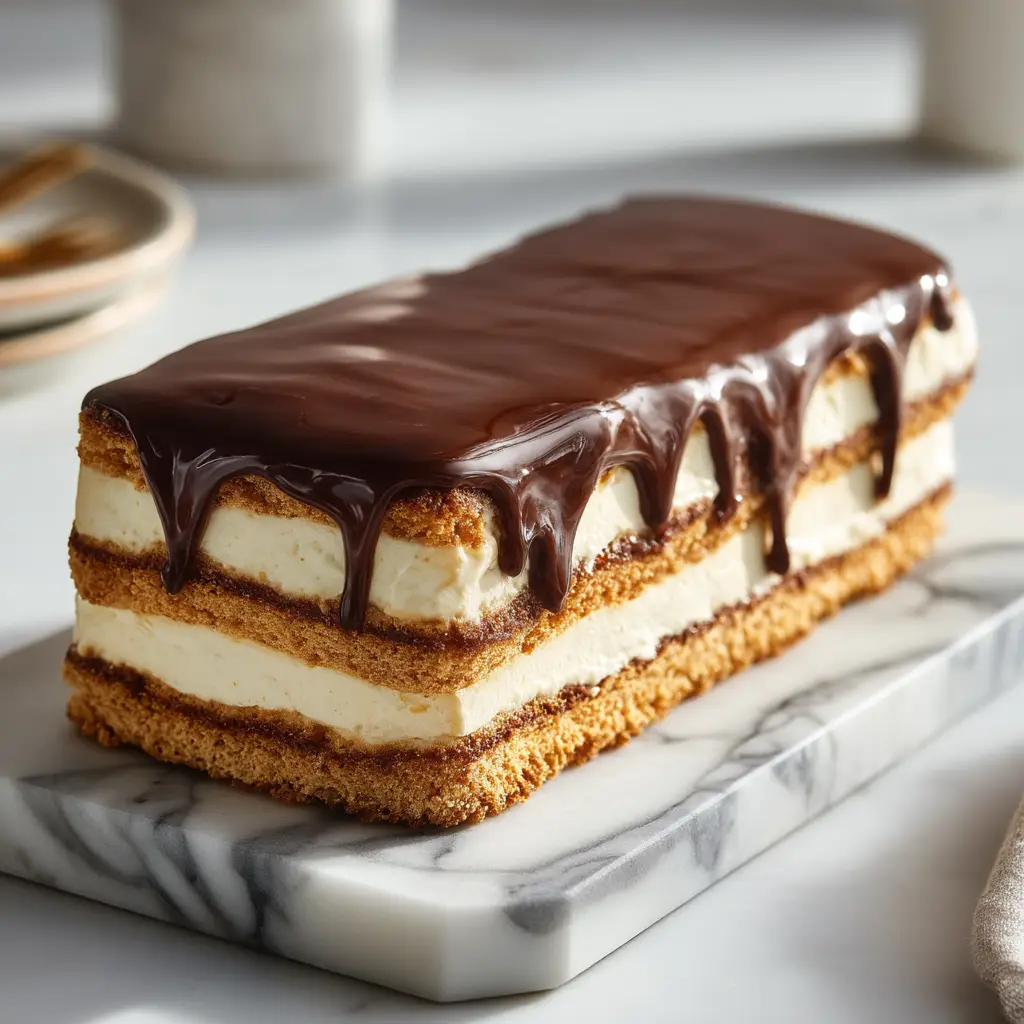 No-Bake Chocolate Eclair Cake: The Ultimate Easy Dessert 3 The full 9x13 dish of the chocolate eclair dessert, freshly frosted and ready to be chilled. The chocolate glaze is glossy and smooth.