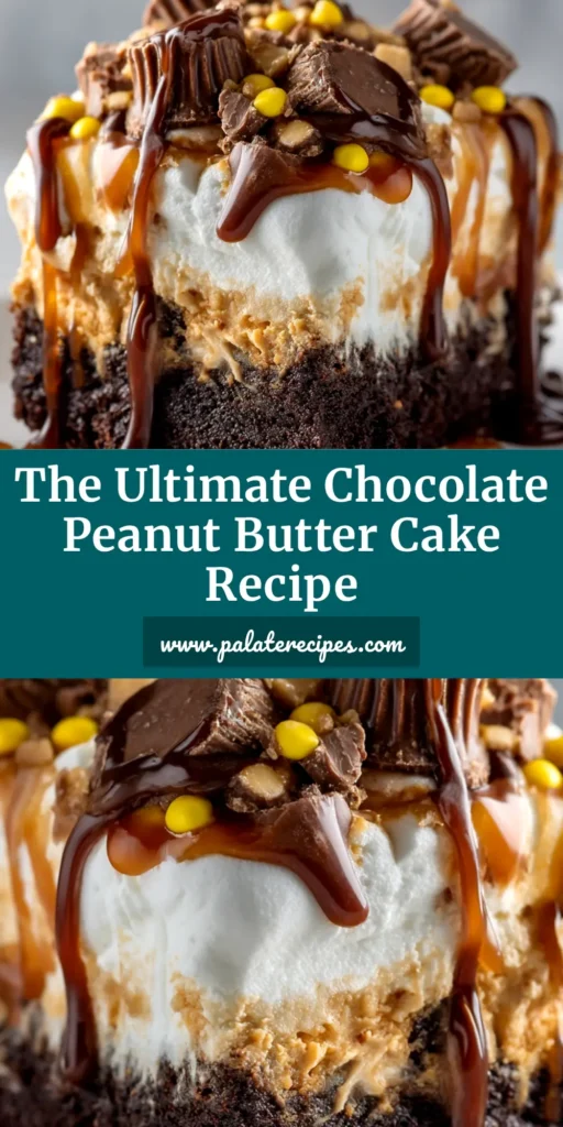 A slice of Chocolate Peanut Butter Poke Cake on a white plate, showing the layers of moist chocolate cake, peanut butter filling, and creamy frosting, topped with chopped Reese's.
