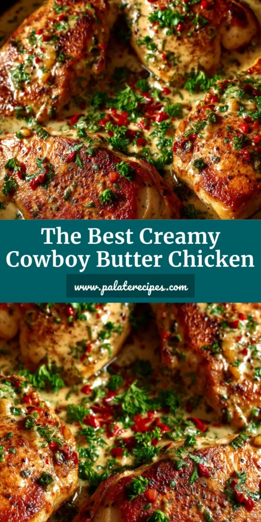 A skillet of delicious Cowboy Butter Chicken, with the golden-brown chicken breast coated in a vibrant, herb-flecked butter sauce.