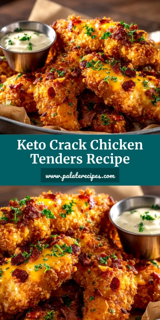 A plate piled high with crispy baked Crack Chicken Tenders, showing the golden-brown topping of melted cheese, bacon, and herbs. The perfect appetizer or dinner.