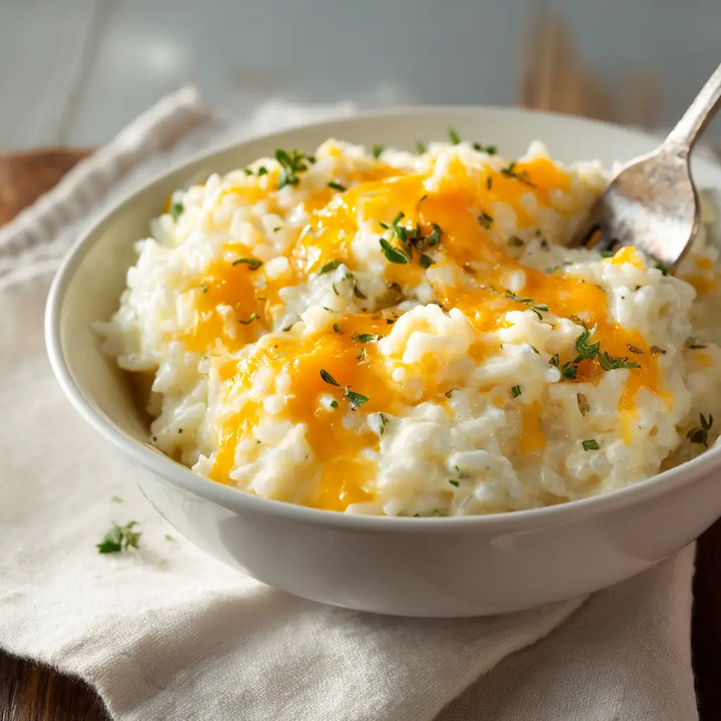 A close-up shot of the creamy cheese sauce being mixed into cooked rice before making the cheesy rice bake.