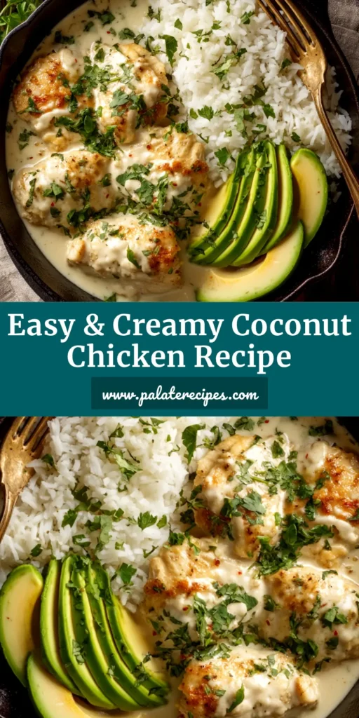 An easy and creamy Coconut Chicken Recipe perfect for a 30-minute weeknight dinner. The pin shows tender chicken in a rich coconut milk sauce served in a white bowl, ready to be shared and saved.