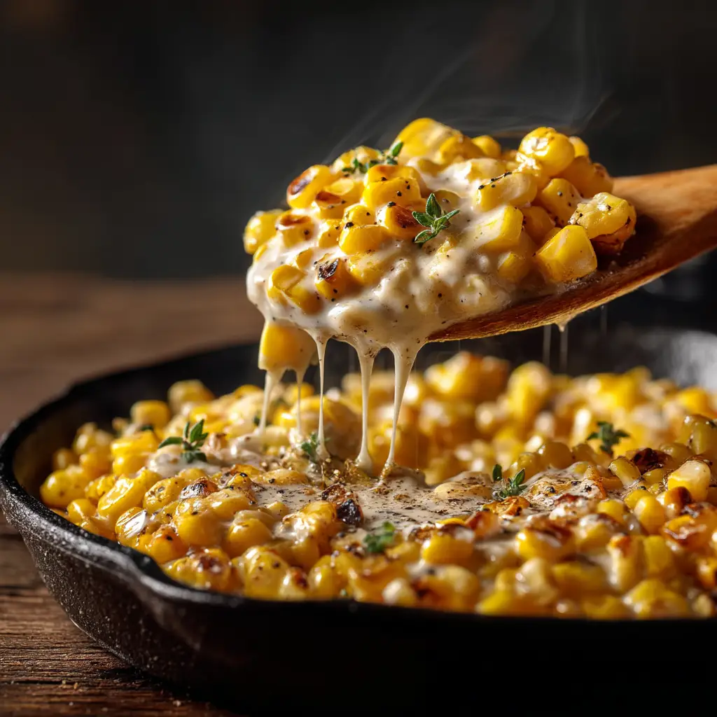 A close-up spoonful of honey butter corn, showcasing the creamy texture of the sauce and the individual tender kernels.
