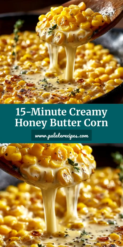 A top-down view of Creamy Honey Butter Skillet Corn in a cast iron pan, garnished with fresh chives. The corn is bright yellow and coated in a rich, velvety sauce.
