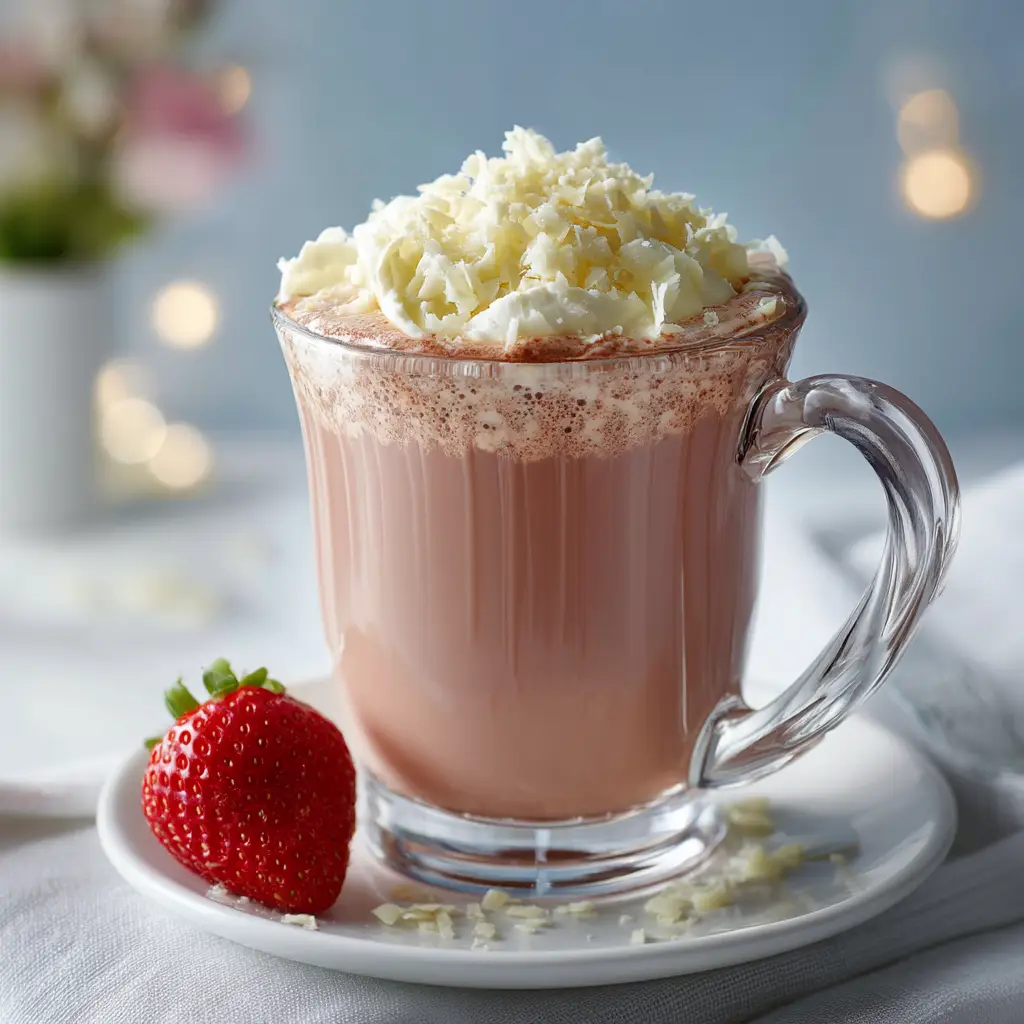 Strawberry Hot Chocolate: The Ultimate Creamy & Dreamy Recipe 3 A close-up view of a warm and creamy pink strawberry hot chocolate being poured into a mug, highlighting its smooth texture.