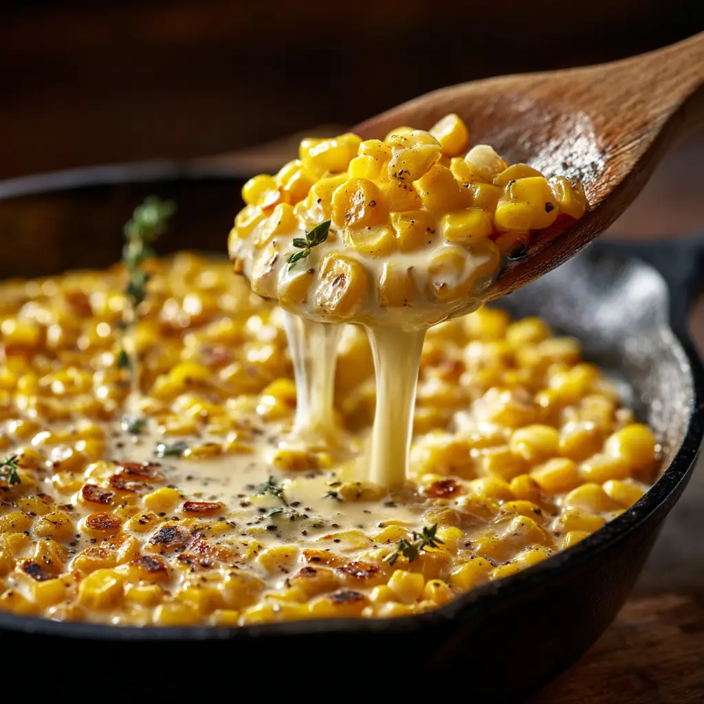 The ingredients for creamy skillet corn, including corn, butter, cream cheese, and honey, arranged next to a cast iron skillet.