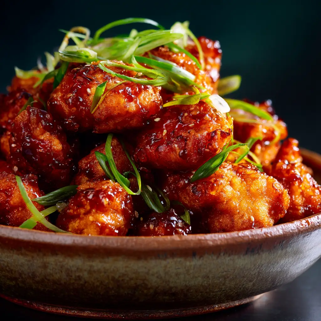 An extreme close-up of a piece of crispy baked hot honey chicken, showing the detailed texture of the crunchy coating and the shiny glaze.
