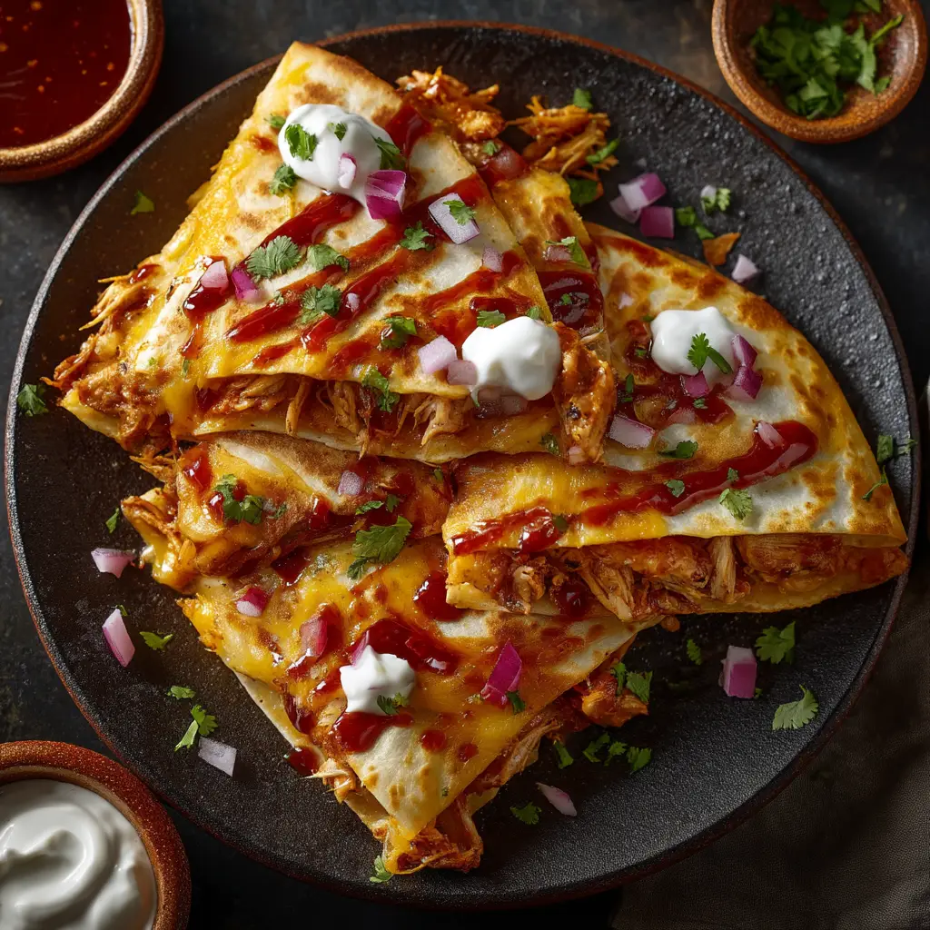 A stack of crispy, golden-brown quesadillas filled with sweet and spicy chicken. The tortillas are perfectly cooked, showcasing a mouth-watering texture ready to be served.