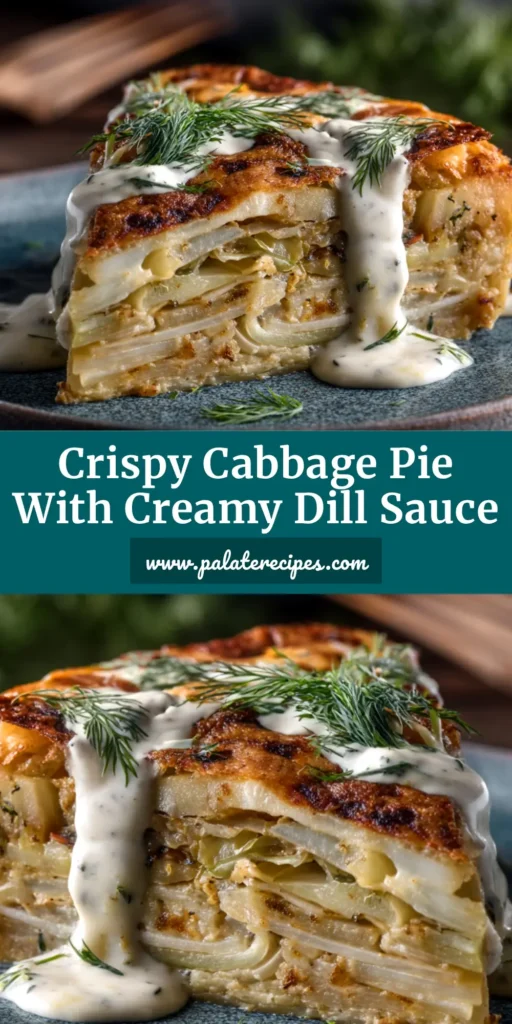 Crispy Cabbage Pie That's Actually Crispy 4 A golden-brown, Crispy Cabbage Pie with a slice taken out, revealing a savory cabbage and onion filling. The pie sits on a rustic wooden surface.