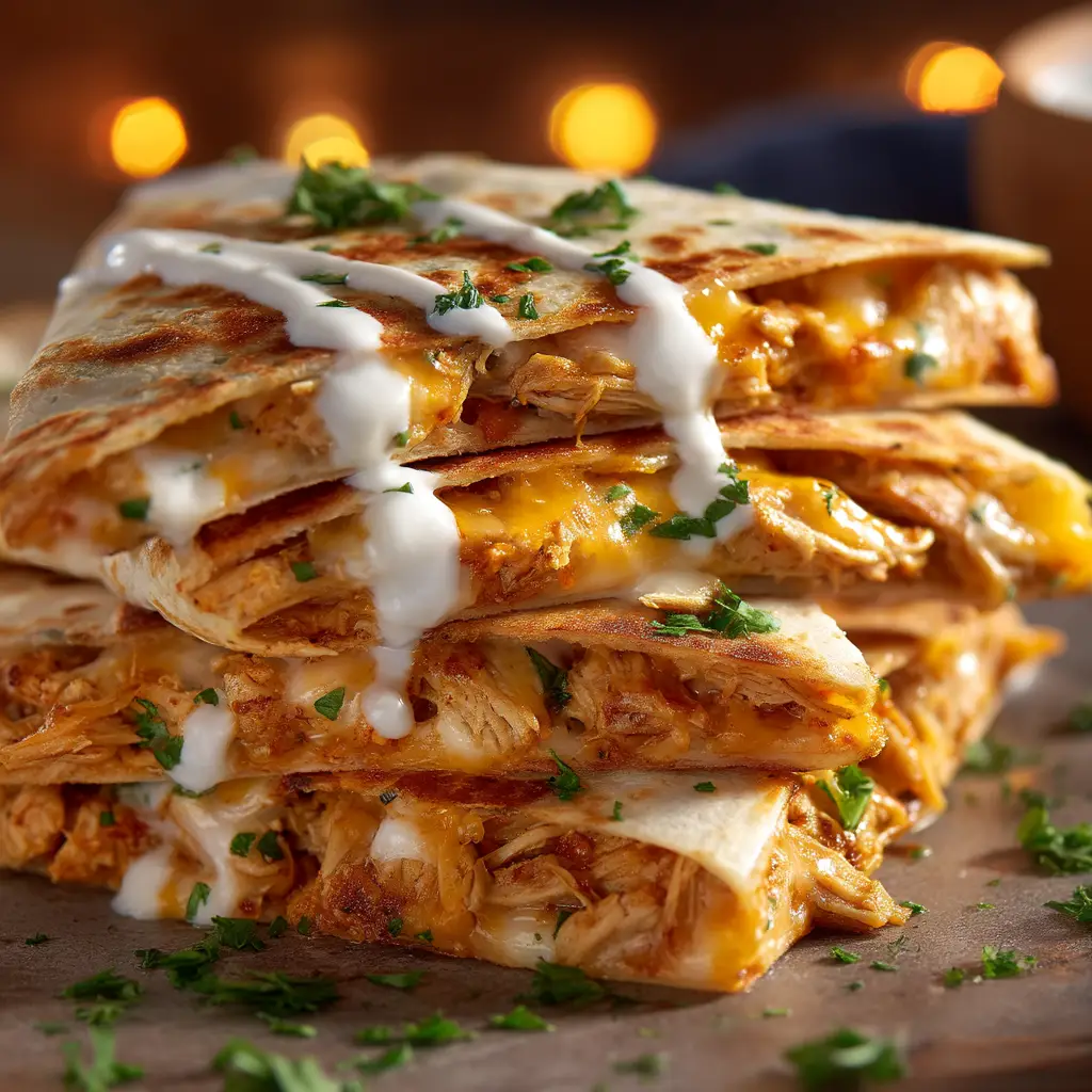 A crispy chicken quesadilla being pulled apart, revealing a satisfying cheese pull. This demonstrates the perfectly melted cheese in this easy recipe.