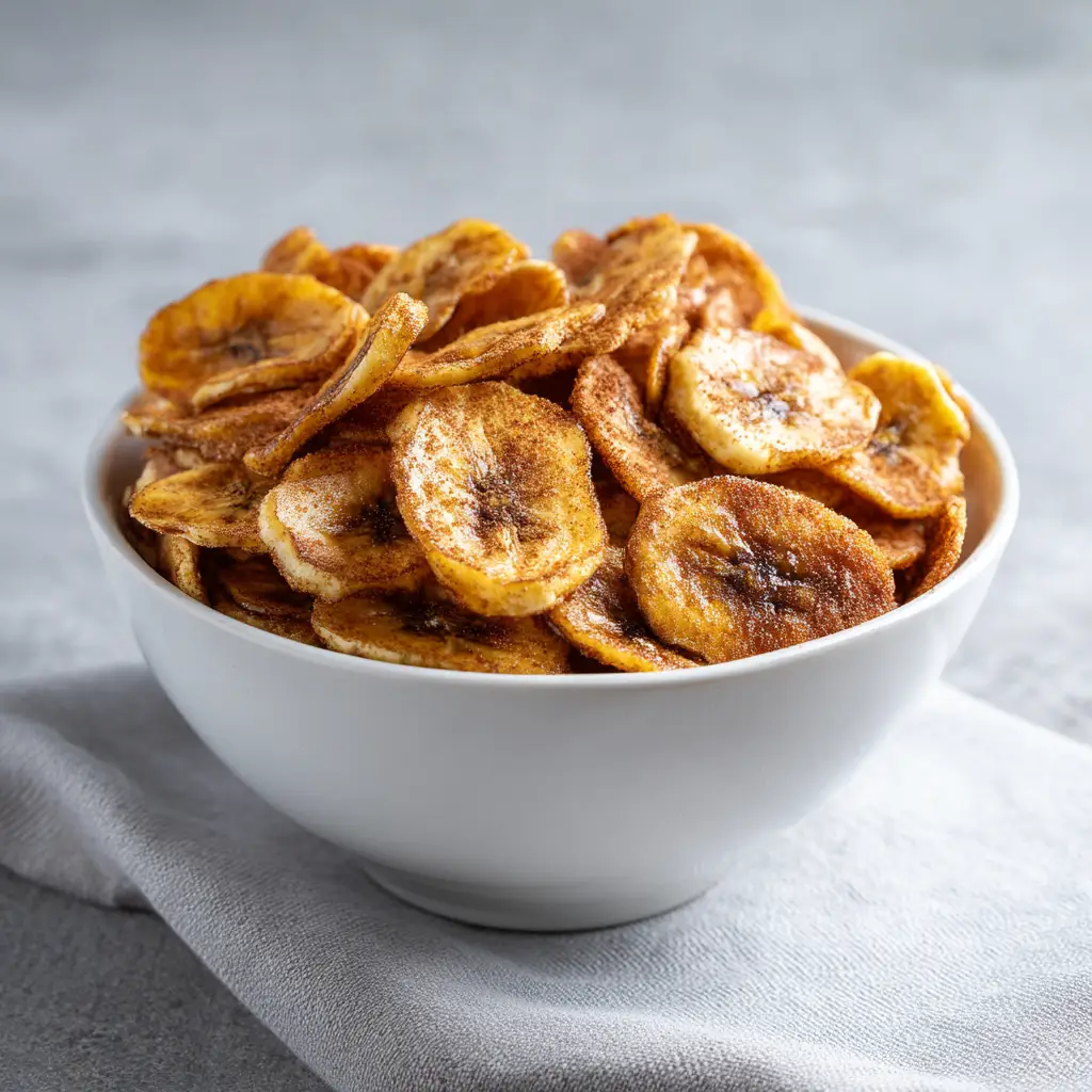 A close-up shot of crispy, golden-brown homemade banana chips, lightly dusted with cinnamon and arranged beautifully in a bowl.