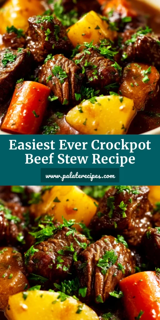 A rich and hearty Crockpot Beef Stew served in a white bowl, garnished with fresh parsley. The perfect easy and comforting slow cooker meal.