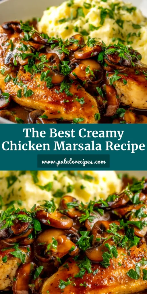 A close-up shot of the finished Chicken Marsala Recipe, served in a skillet with a rich mushroom sauce and garnished with fresh parsley. The title reads 'Easy & Authentic Chicken Marsala Recipe'.